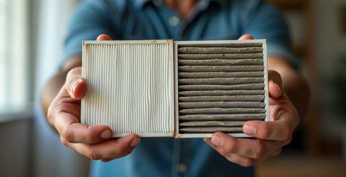 Main tenant un filtre de climatiseur avec comparaison visuelle entre propre et encrassé