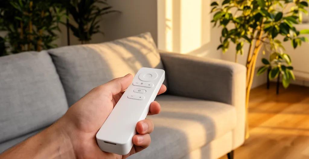 Main ajustant la télécommande d'un climatiseur dans un salon contemporain baigné de lumière naturelle