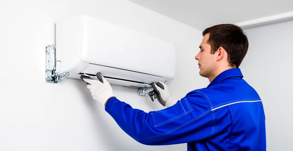 Technicien en tenue professionnelle installant une unité intérieure de climatiseur split sur un mur blanc