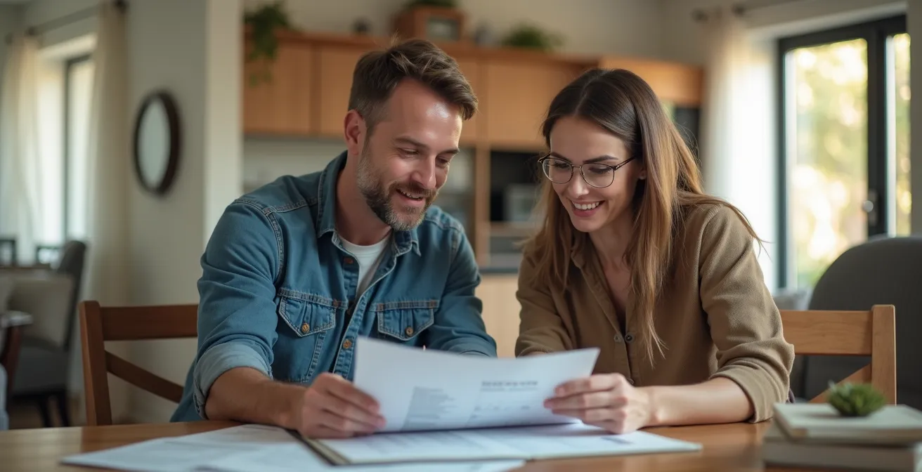 Artisan professionnel présentant des documents à un couple de clients dans leur salon
