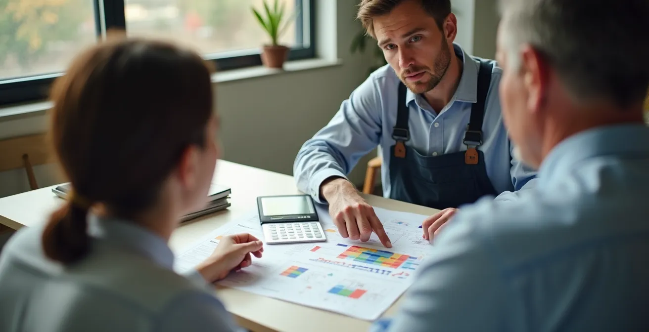 Artisan présentant une note de calcul détaillée à un client dans un bureau moderne