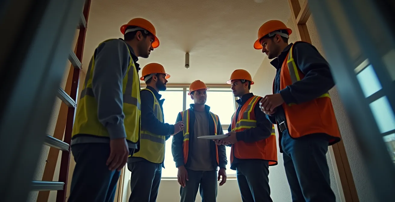 Équipe d'artisans coordonnés sur un chantier d'installation de climatisation gainable.