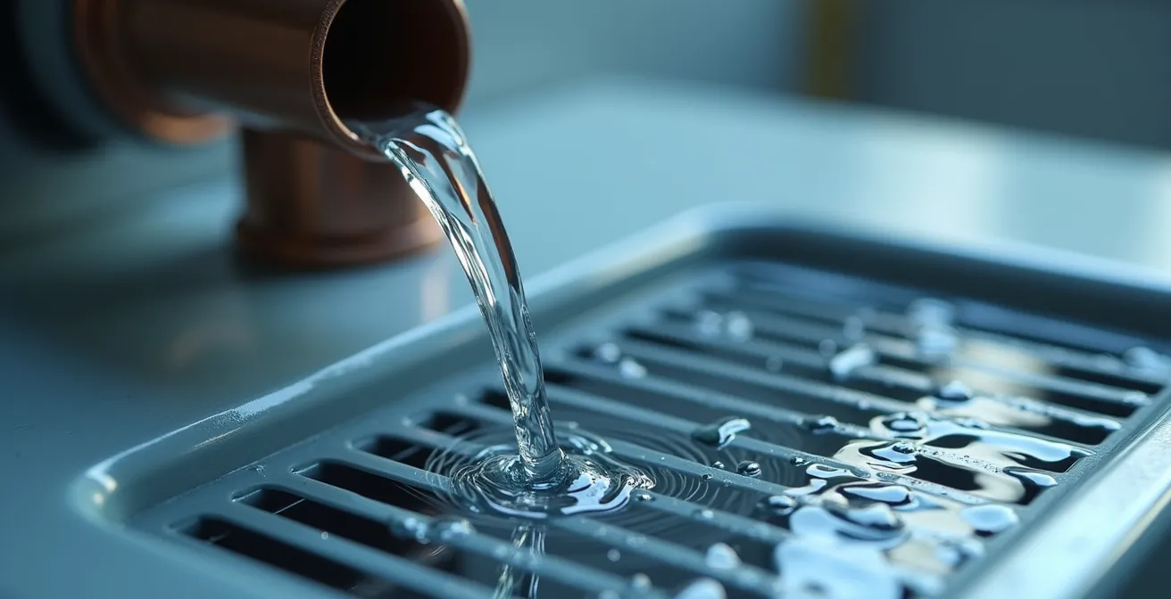 Test d'écoulement d'eau dans le bac à condensats d'un climatiseur avec une bouteille d'eau