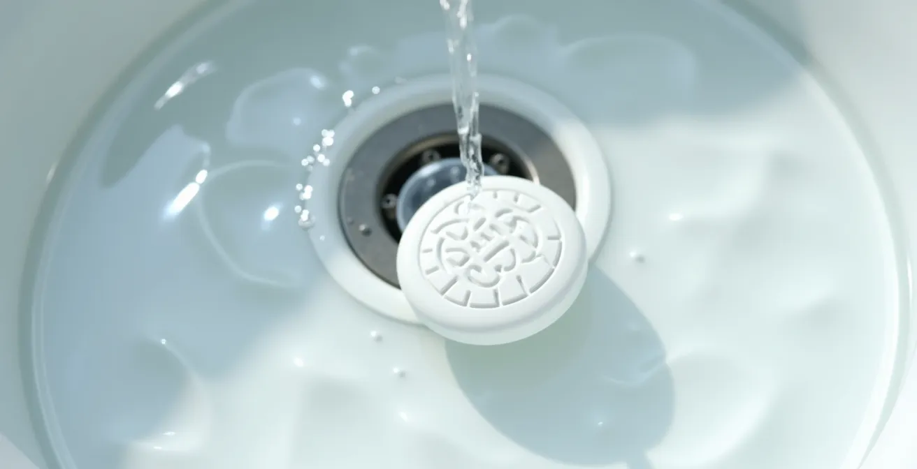 Bac à condensats transparent avec pastille blanche positionnée stratégiquement, eau claire s'écoulant