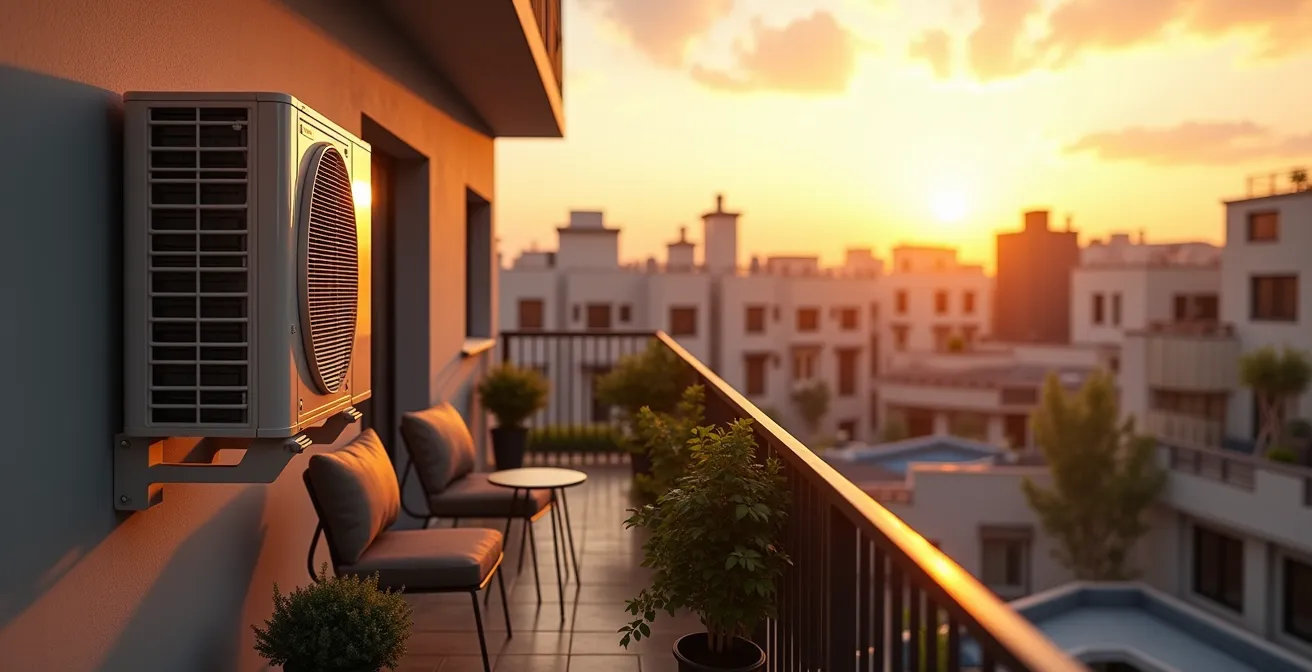 Petit balcon d'appartement avec unité extérieure de climatisation montée sur support mural latéral