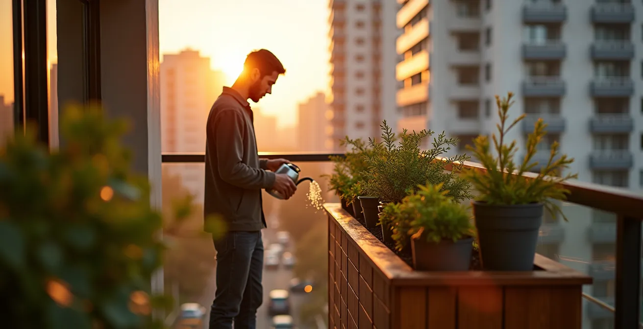 Balcon urbain avec cache climatiseur transformé en jardinière