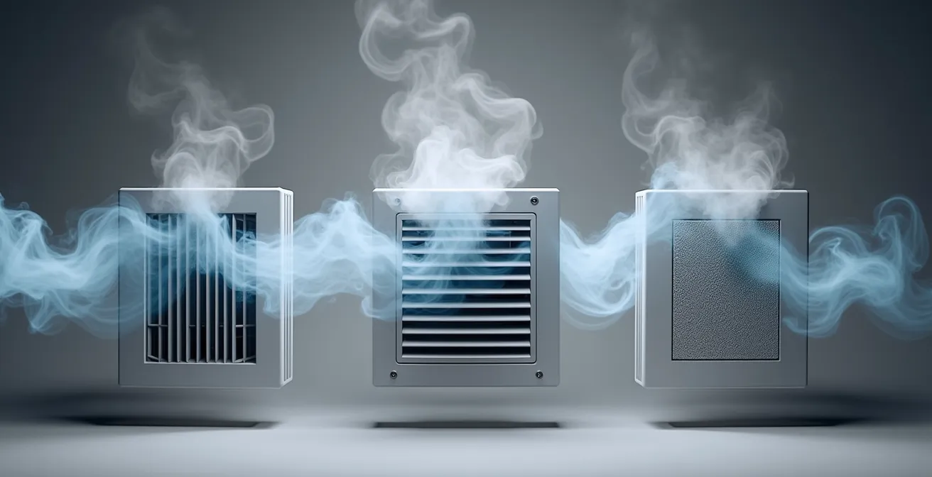 Comparaison visuelle de trois types de cache-clim et leur impact sur le flux d'air