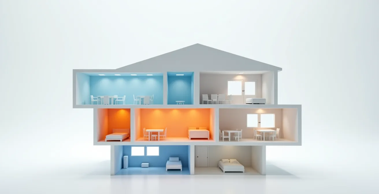 Plan 3D d'une maison montrant les déperditions thermiques différenciées par pièce avec codes couleur