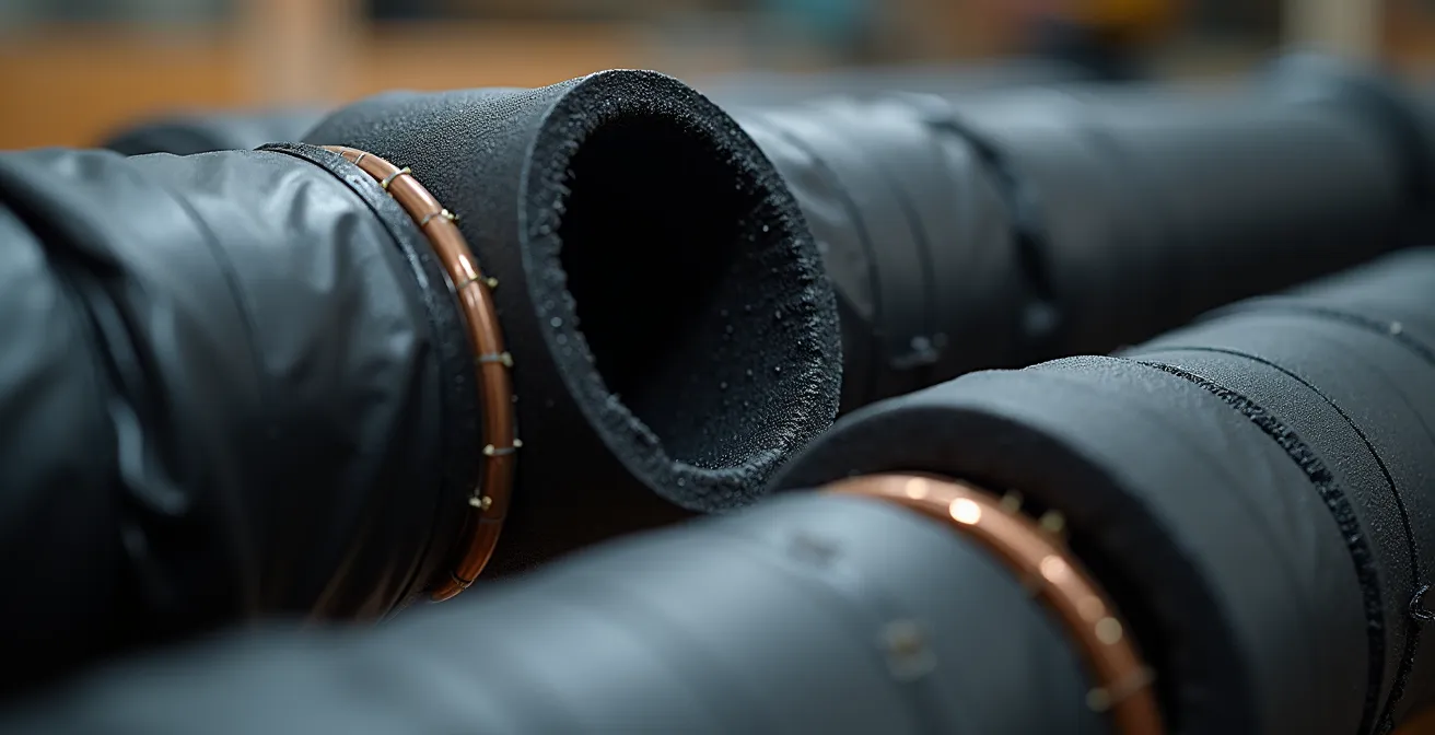 Installation professionnelle de calorifugeage sur tuyauterie de climatisation