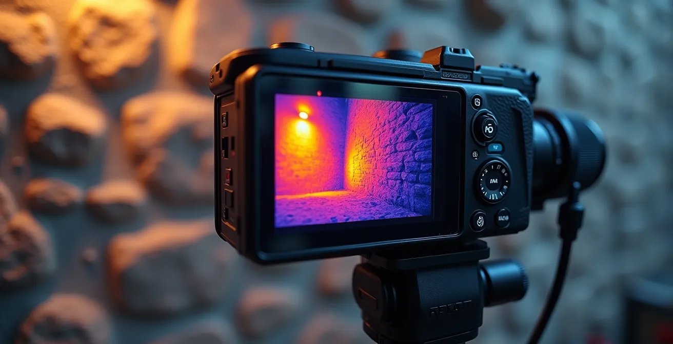 Caméra thermique analysant un mur en pierre avec visualisation des ponts thermiques