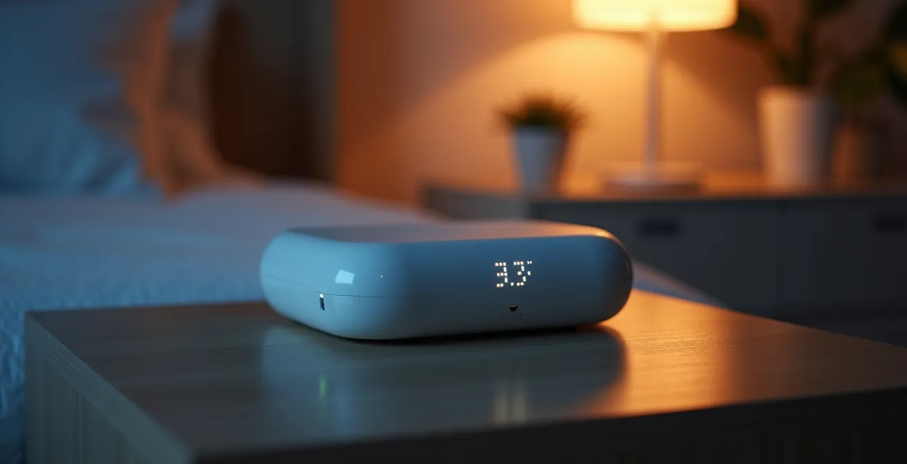 Chambre moderne avec capteur CO2 discret sur table de nuit indiquant la qualité de l'air
