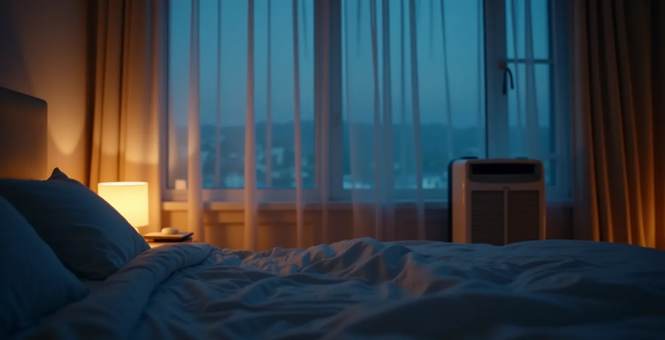 Climatiseur mobile en mode nuit dans une chambre avec éclairage tamisé