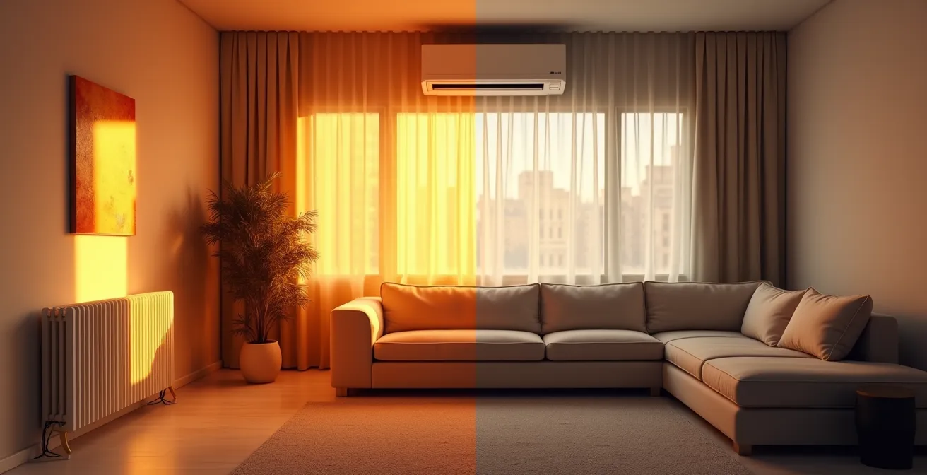 Salon moderne montrant la diffusion de chaleur par radiateur à inertie et climatisation réversible