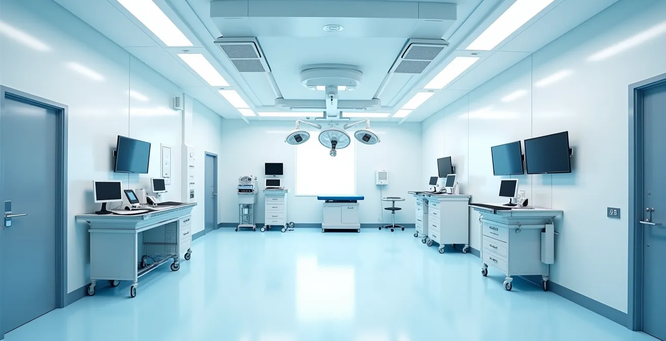 Environnement hospitalier moderne avec système de purification d'air professionnel intégré