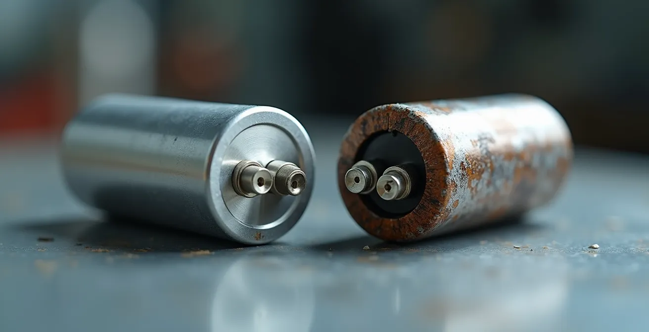 Comparaison entre un condensateur de démarrage neuf et un condensateur défectueux gonflé