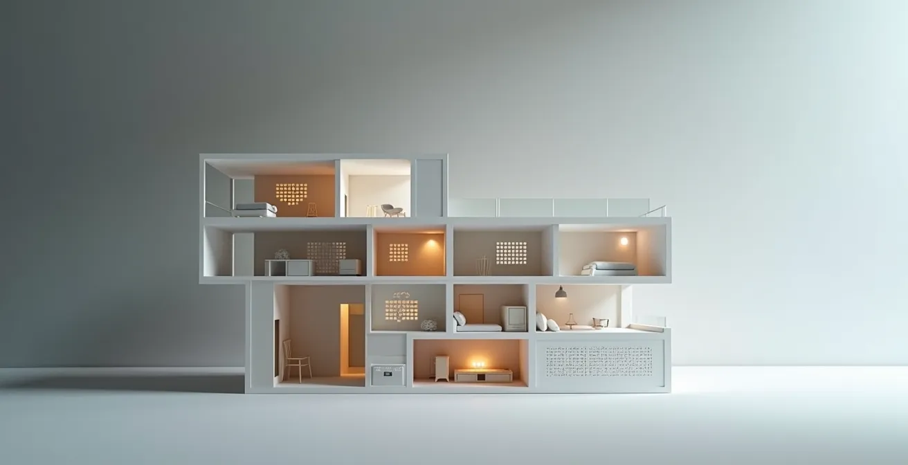 Coupe architecturale montrant l'installation invisible d'une climatisation gainable