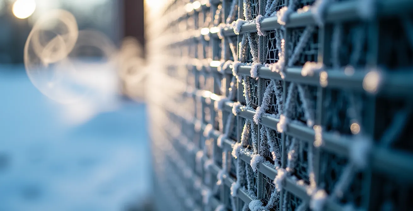 Unité extérieure de pompe à chaleur couverte de givre en cours de dégivrage