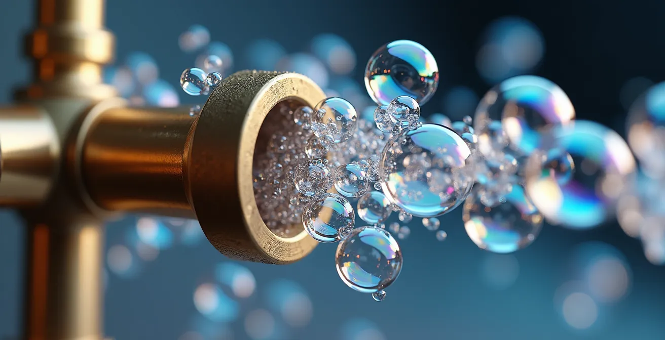 Application d'eau savonneuse sur les raccords d'une climatisation avec formation de bulles