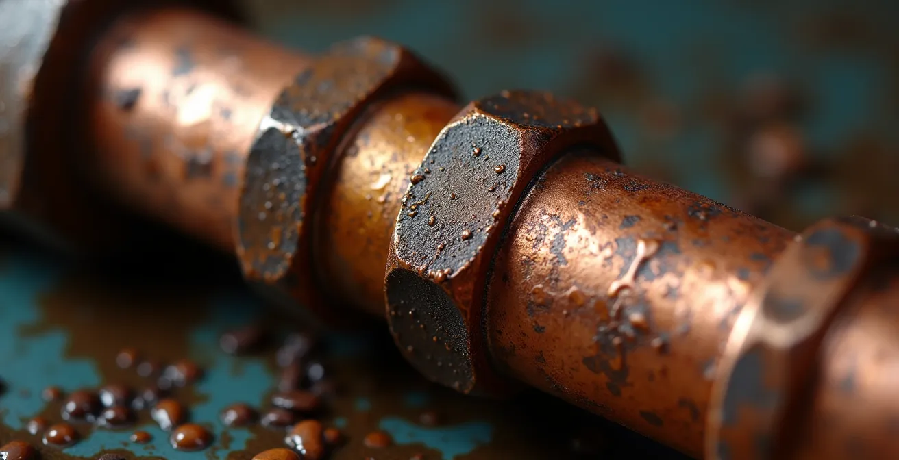 Gros plan sur un raccord de cuivre avec trace d'huile visible indiquant une fuite de fluide frigorigène