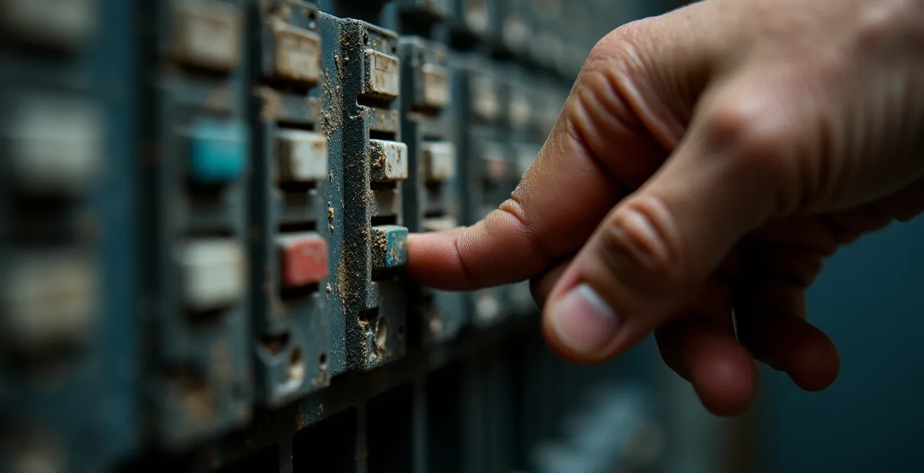 Main actionnant un disjoncteur dans un tableau électrique pour réinitialiser la climatisation