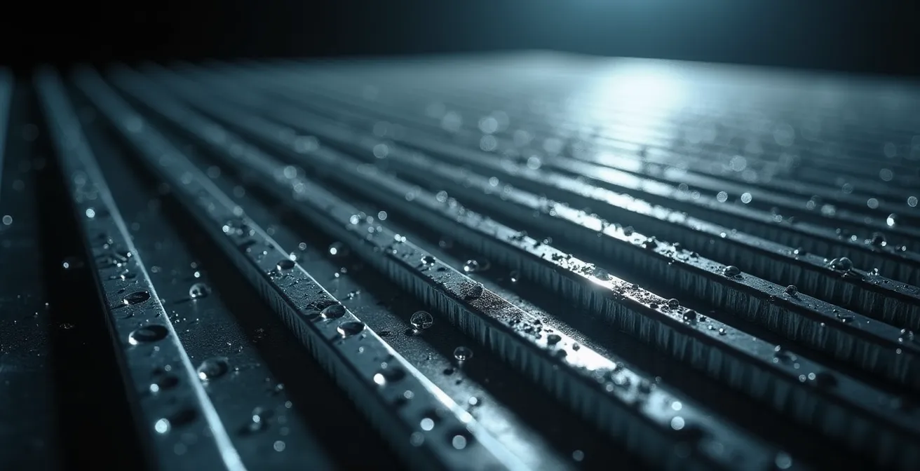 Vue en coupe d'un évaporateur montrant les zones d'ombre inaccessibles aux UV