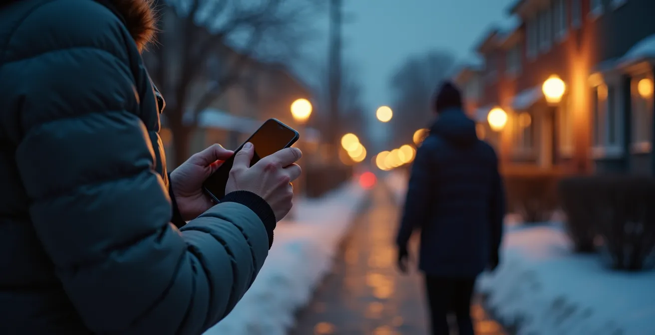 Personne marchant dans la rue avec smartphone montrant une application de géolocalisation
