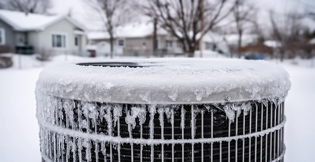 Givre excessif sur les ailettes d'une unité extérieure de thermopompe indiquant un problème de dégivrage