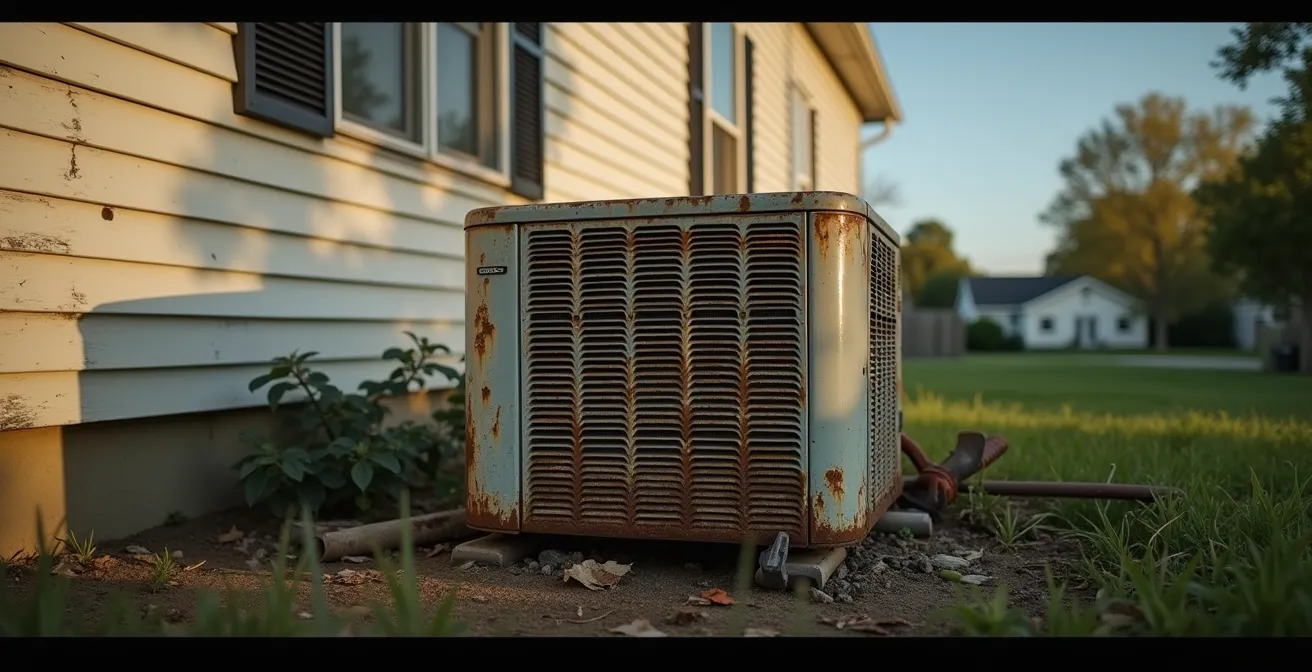 Vue d'ensemble d'une unité extérieure de climatisation vieillissante dans son environnement