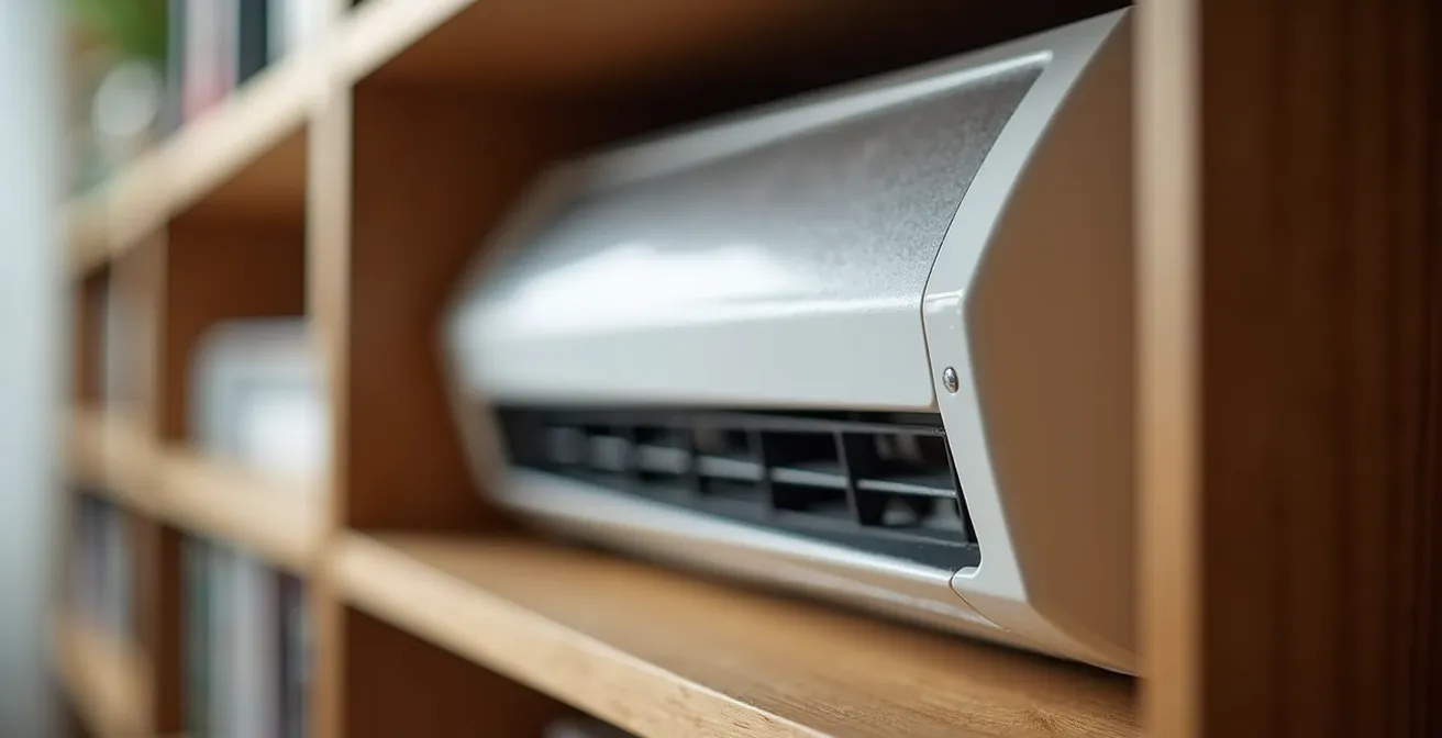 Split climatisation intégré harmonieusement dans une bibliothèque sur mesure