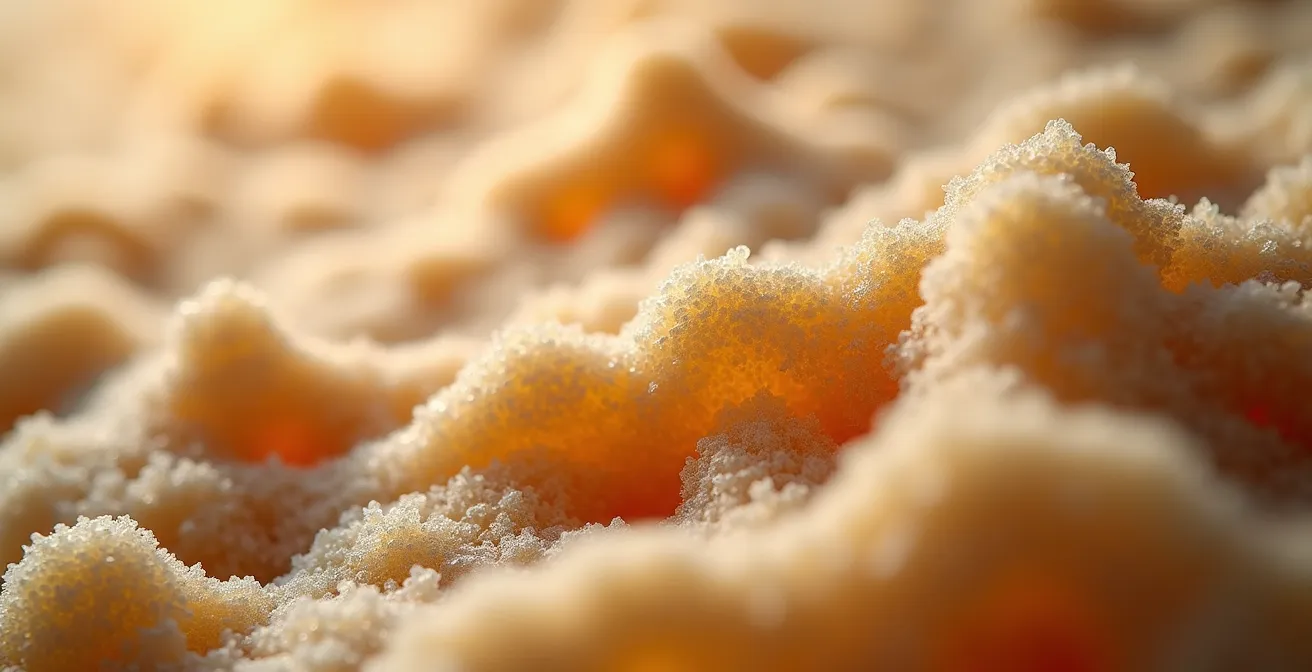 Détail macro de fibres de laine de bois montrant la texture poreuse et naturelle du matériau