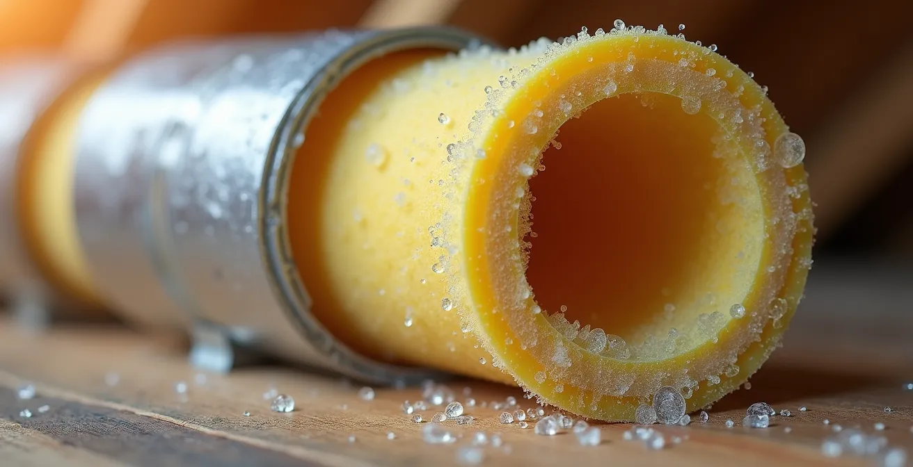 Gaine de climatisation avec isolation thermique et pare-vapeur aluminium dans des combles