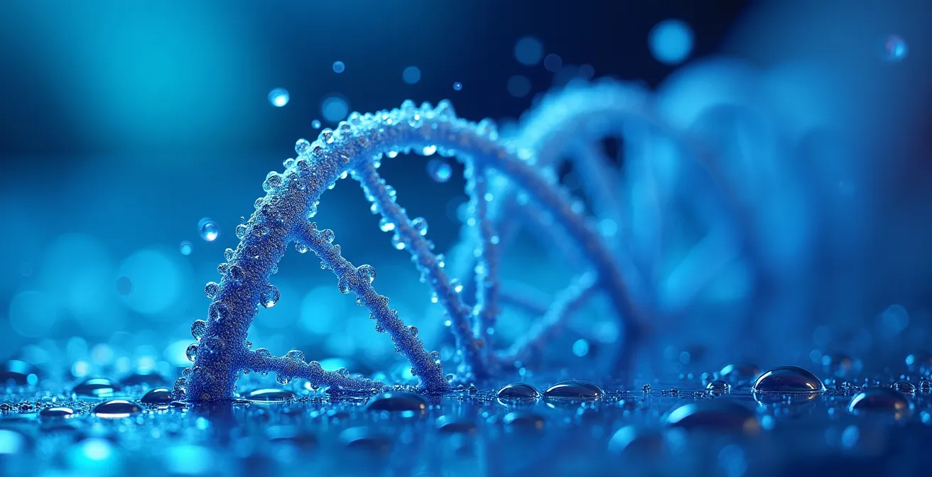 Représentation macro de l'effet des UVC 254nm sur la structure ADN microbienne