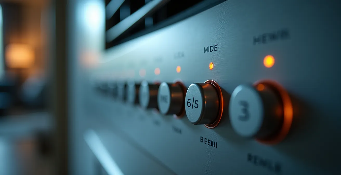 Gros plan sur panneau de contrôle climatiseur avec boutons de modes visibles