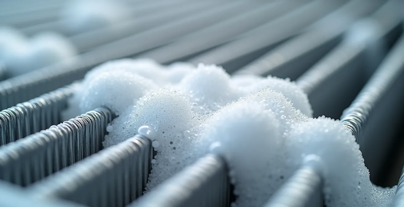 Mousse blanche expansive pénétrant entre les ailettes métalliques d'un échangeur de climatisation