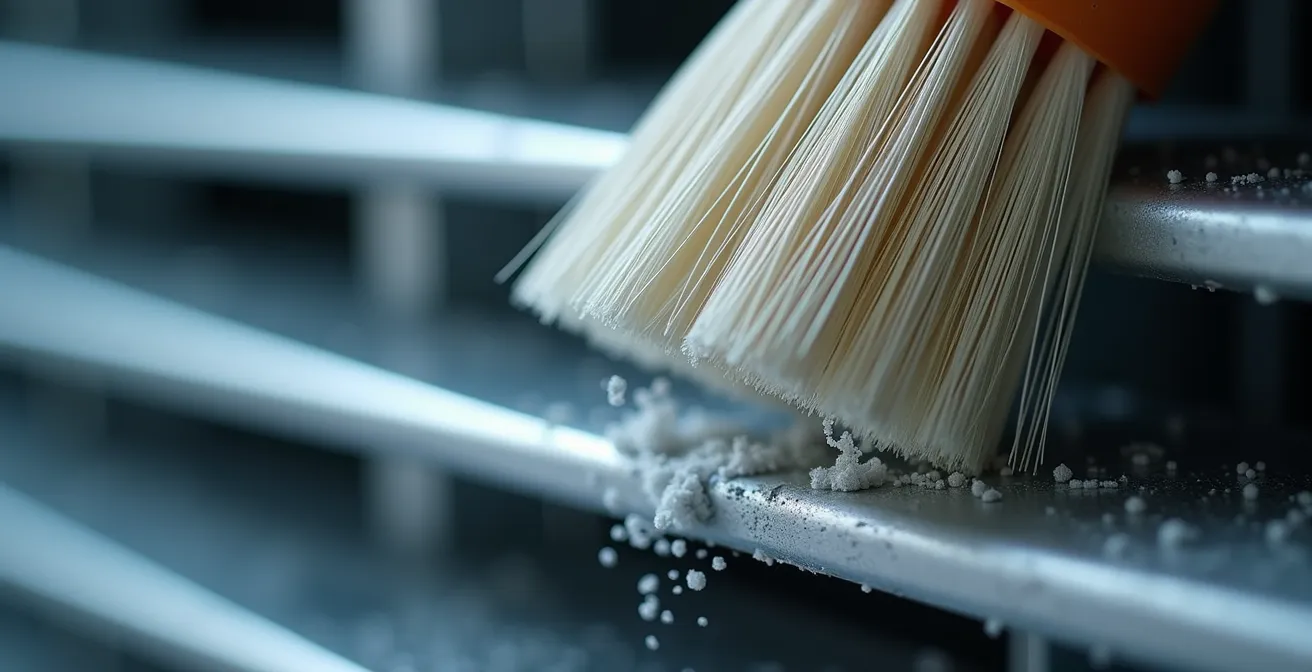 Vue macro détaillée d'une brosse douce nettoyant délicatement les ailettes d'un climatiseur