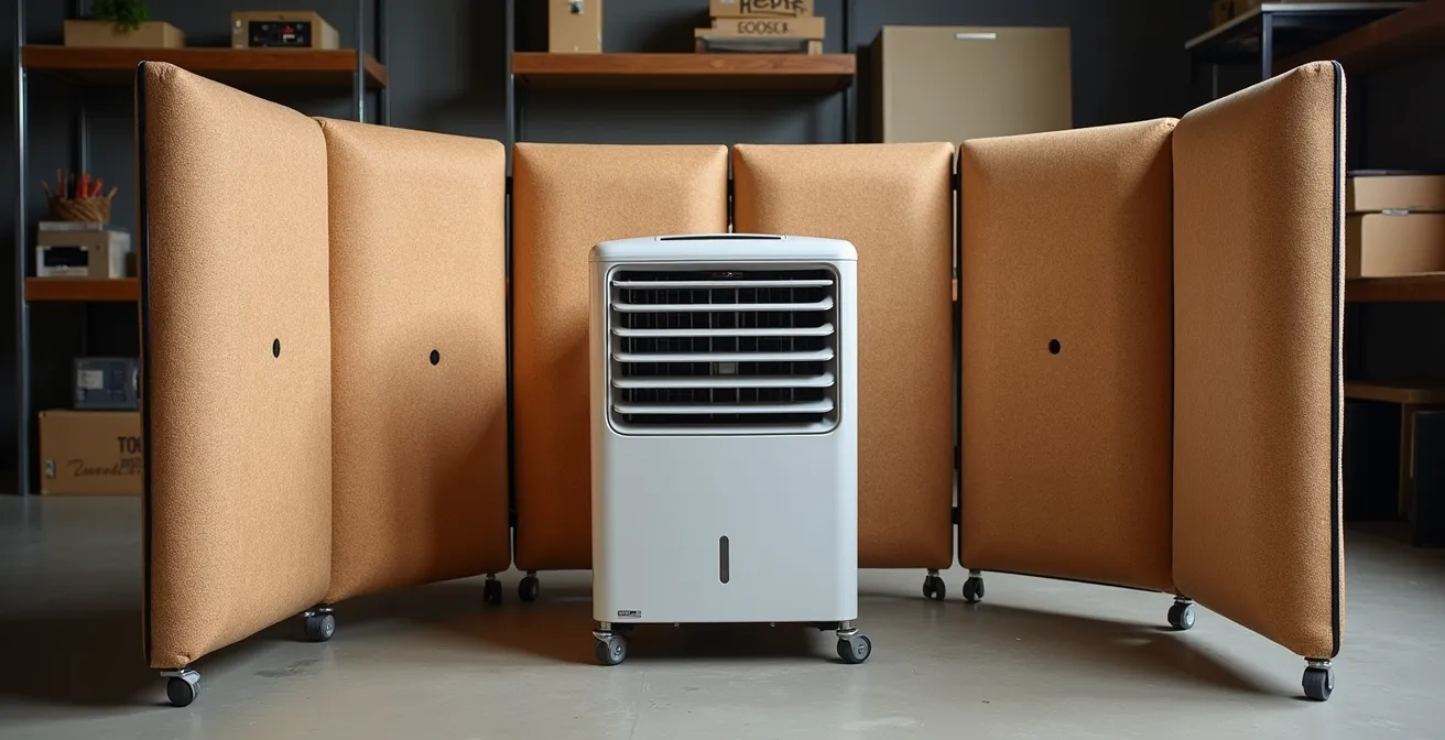 Paravent acoustique en liège installé autour d'un climatiseur mobile sur trois côtés