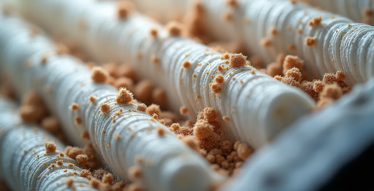 Vue microscopique de particules de poussière capturées par un filtre HEPA