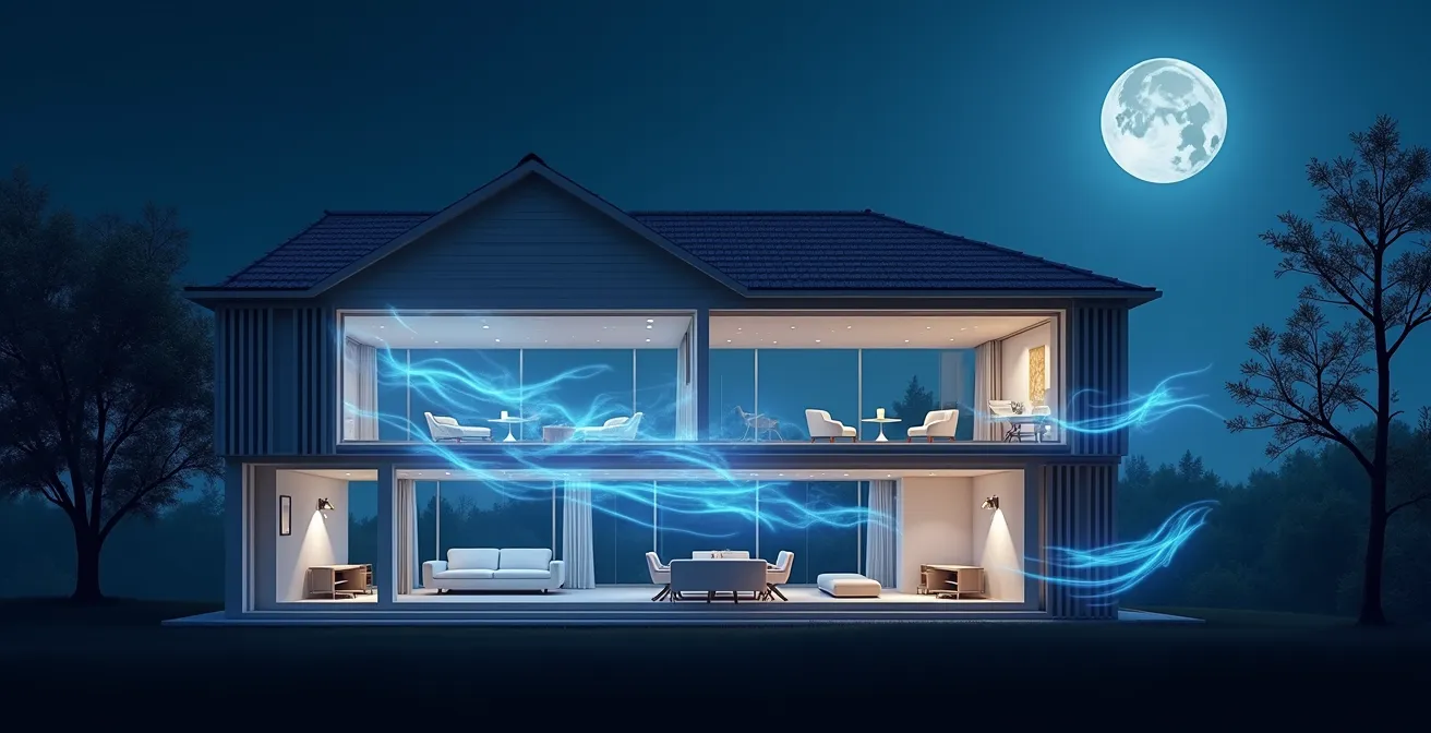 Coupe transversale d'une maison montrant la circulation d'air frais nocturne