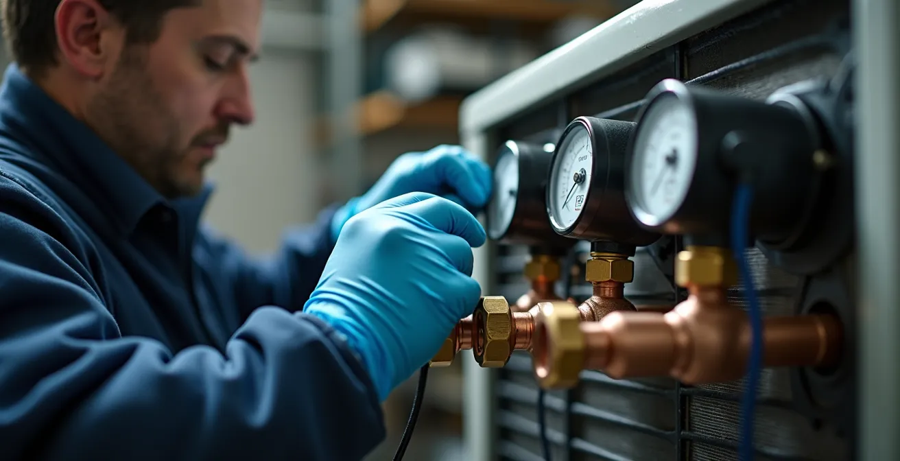 Technicien certifié effectuant la récupération de fluide frigorigène sur une unité de climatisation