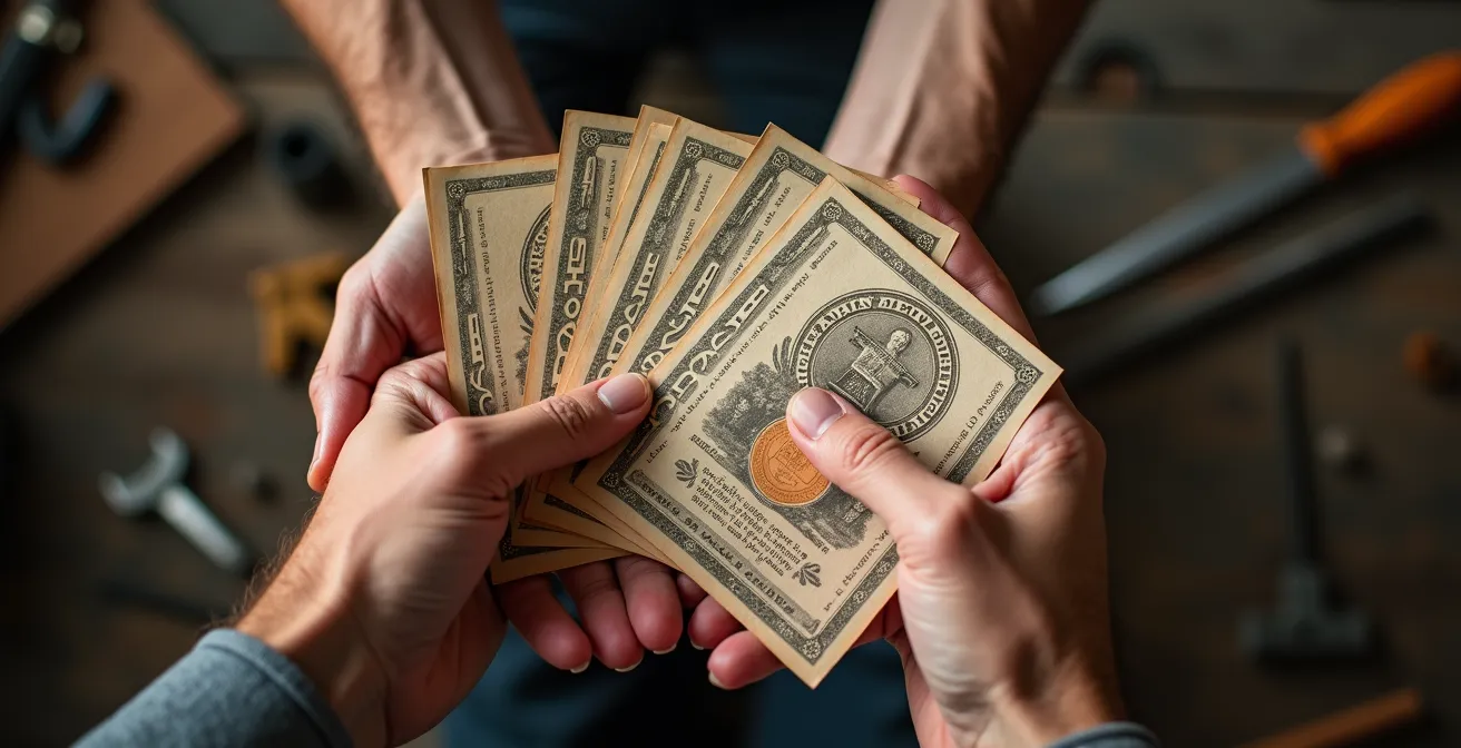 Mains d'artisan tenant différents certificats de qualification RGE disposés en éventail sur une table de travail