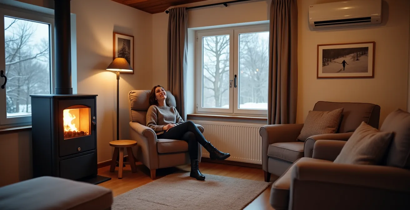 Salon avec split mural et poêle à granulés fonctionnant en complémentarité