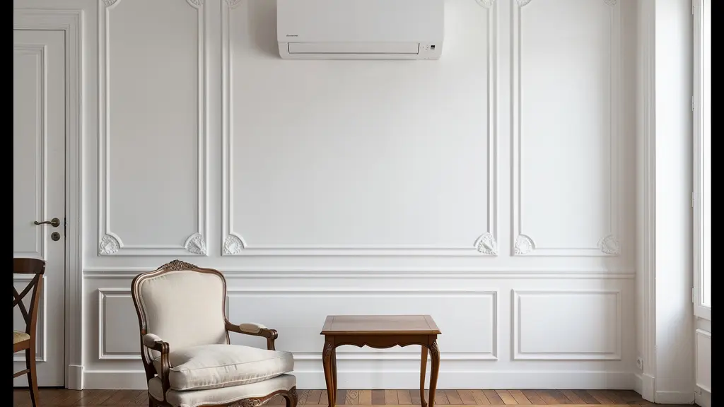 Split mural de climatisation intégré discrètement dans un appartement ancien avec moulures