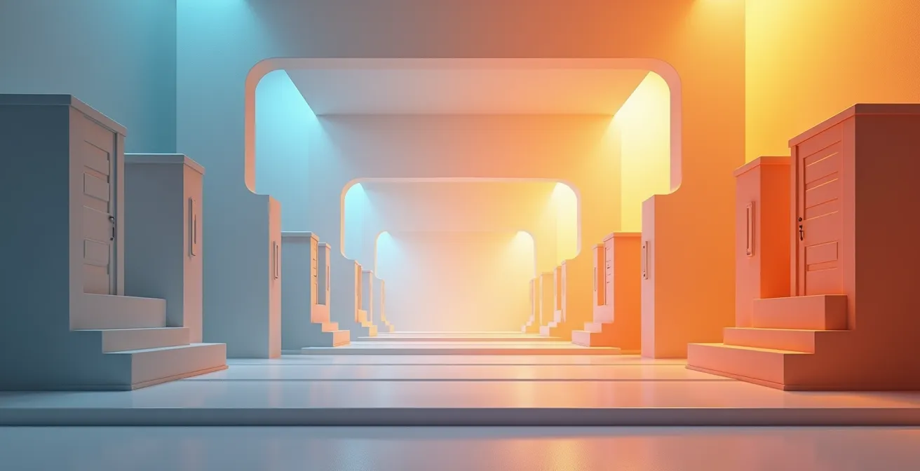 Vue schématique d'un système de zonage avec registres motorisés et thermostats dans chaque pièce