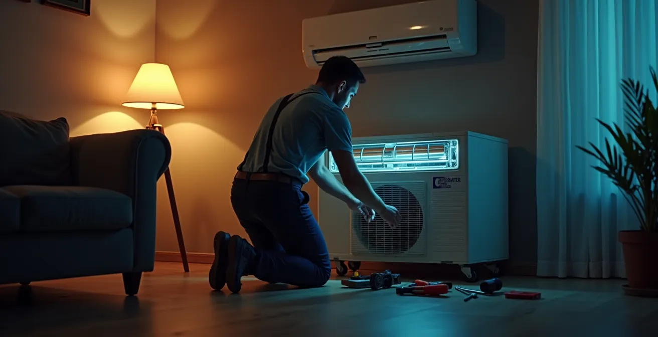 Technicien intervenant sur une climatisation en situation d'urgence