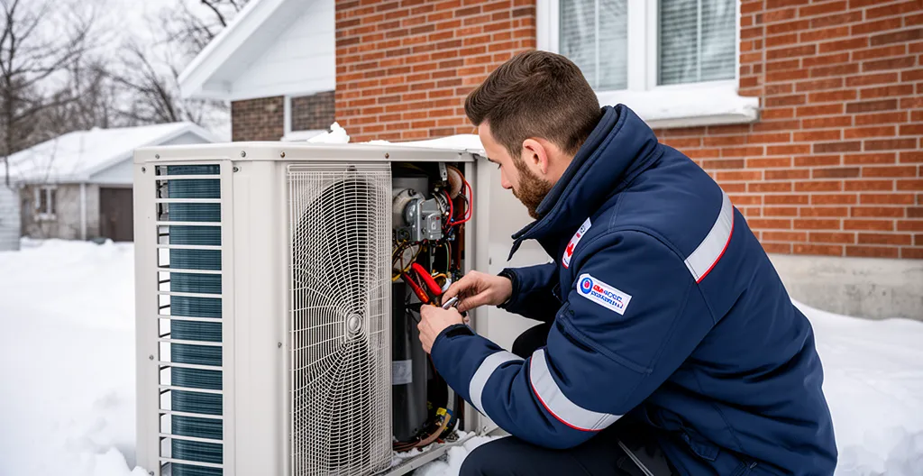 Technicien CVC inspectant une unité extérieure de thermopompe en hiver