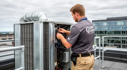 Technicien CVC inspectant une unité de climatisation commerciale sur un toit au Québec