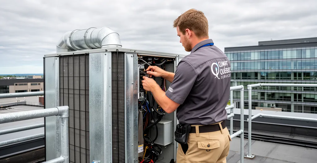 Technicien CVC inspectant une unité de climatisation commerciale sur un toit au Québec