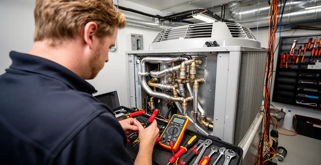 Technicien effectuant un entretien préventif sur un système CVC commercial
