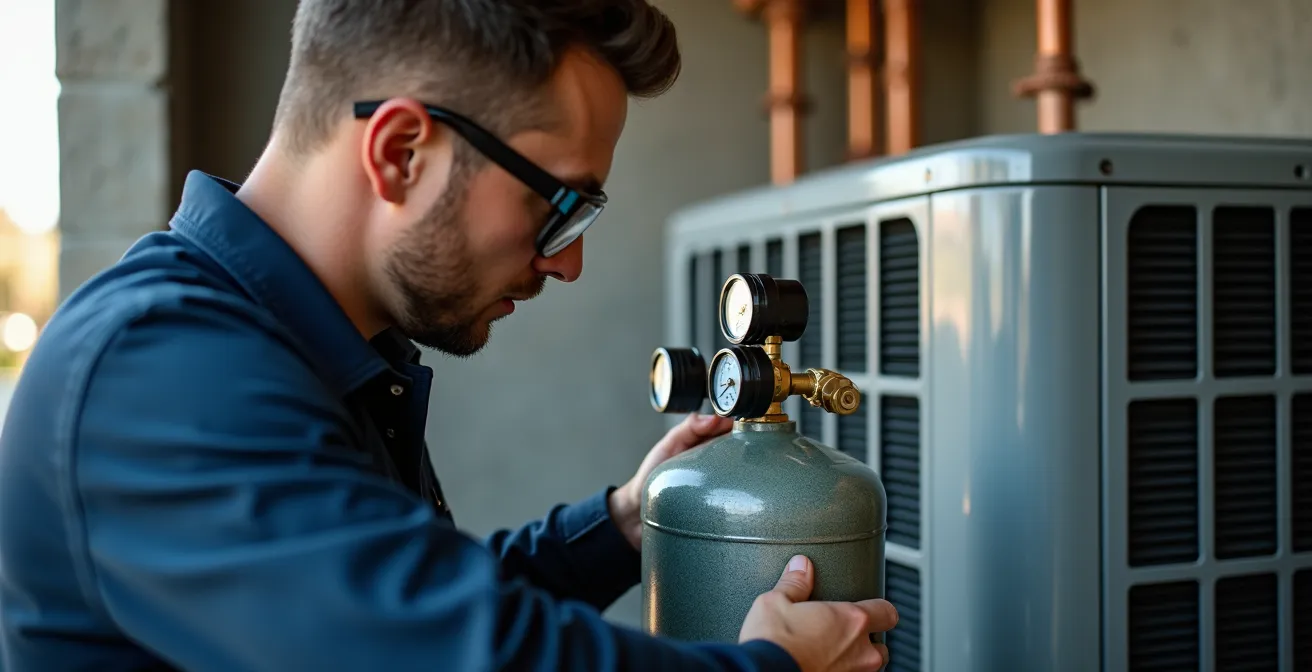 Technicien frigoriste manipulant une bouteille de gaz réfrigérant près d'une pompe à chaleur