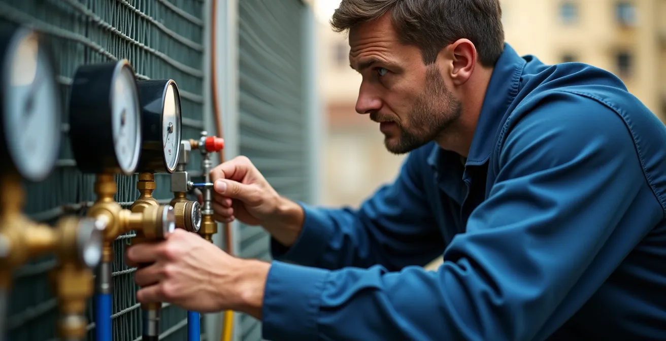 Technicien professionnel mesurant les performances d'une pompe à chaleur